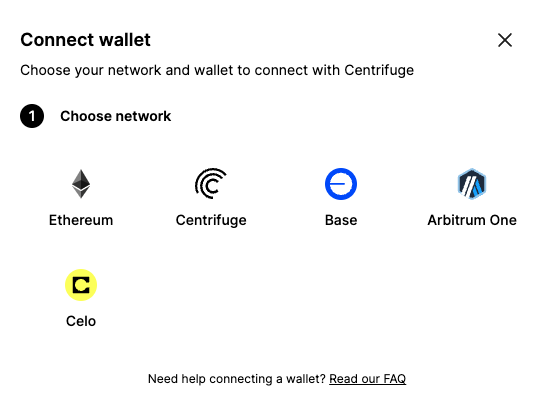 The new wallet connect page on the Centrifuge App. More networks to come.