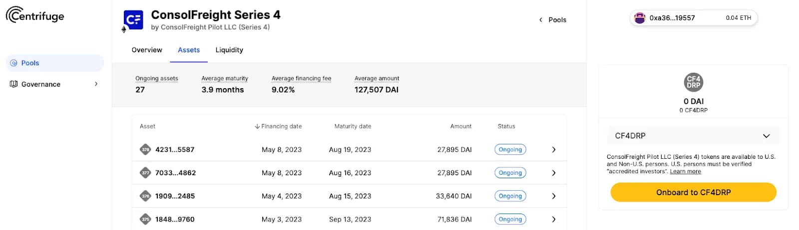 A pool’s assets page, providing transparency on each individual loan financed by the pool.