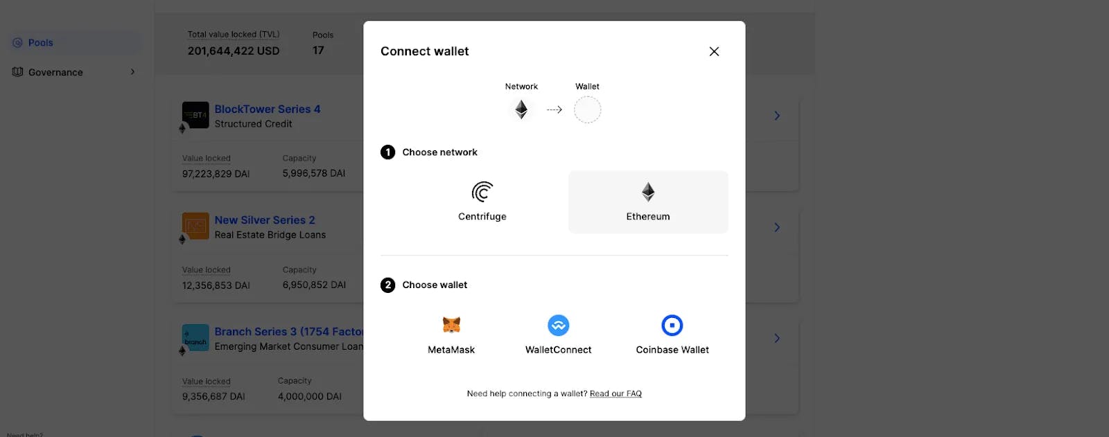 The Centrifuge App’s wallet connect functionality, allowing for connecting with multiple chains and wallets.